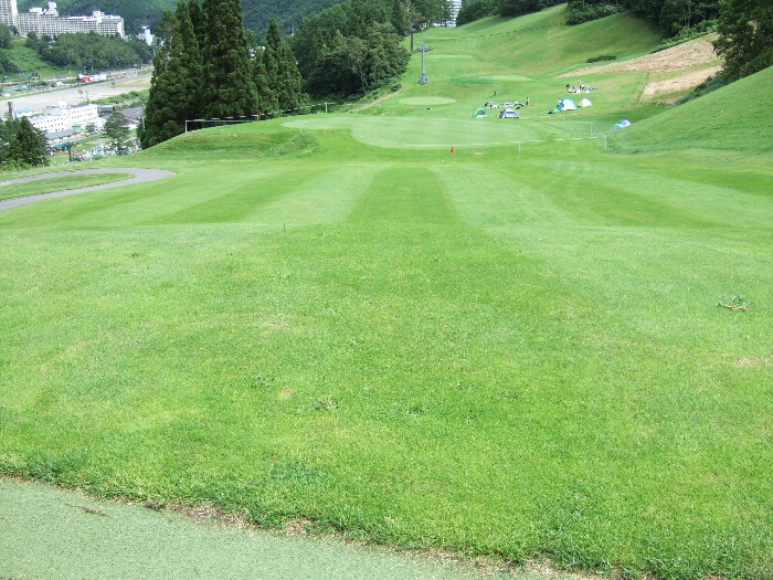 Gサイト側からFサイトを望む。テント設営禁止のグリーンが多いが、開放感は大きい。