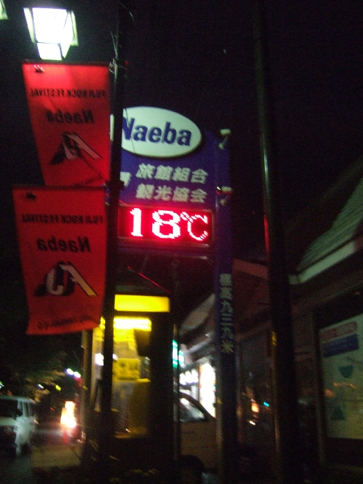 苗場旅館街の案内所。夜の気温は18度前後のようです。標高939メートル。