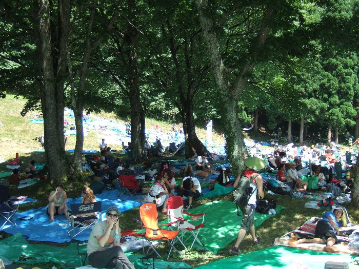 アーティスト・グッズ売り場近くの木陰。