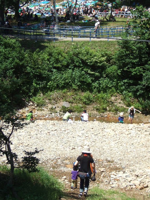 河原のすぐ上はグリーンステージ脇の通路。グリーンステージのレジャーシートが見えています。 