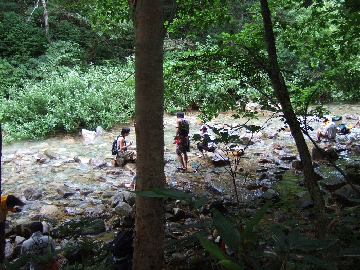 ボードウォークから見える浅貝川。ボードウォークから降りていったと思われる人です。 