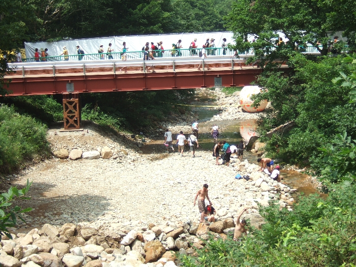 手前の橋が仮設橋、奥の橋が常設橋なので、仮設橋を設置するために重機が入ったようです。 