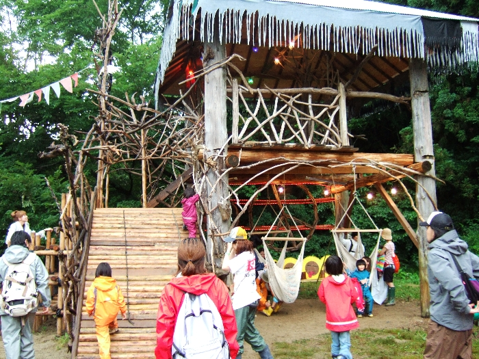 大人が遊んでもおもしろそうな木の家。