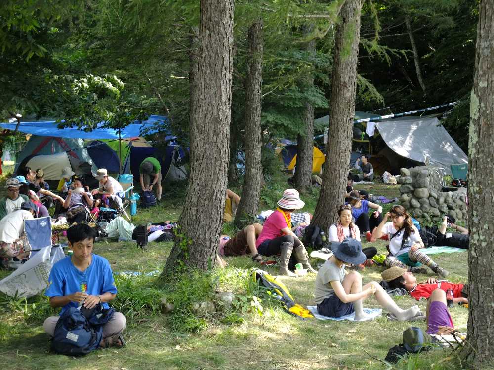 ストーンドサークルの木陰。人が多くないのでそれほど密集していない。