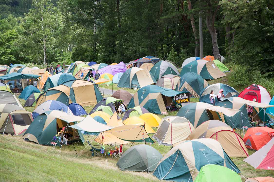 キャンプサイトAサイト。傾斜地以外は木曜のうちに埋まってしまいます。