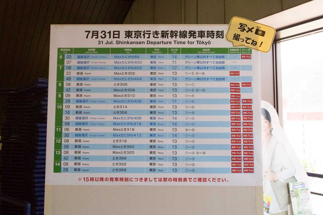 月曜日の越後湯沢駅。東京行き上越新幹線は午前8時台から14時台まで指定席が満席。