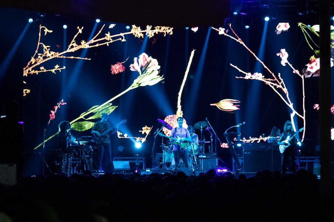 ダーティー・プロジェクターズ。デビュー当時と同じように右利き用のギターを左利きで持っていました。コーラスはバンドのメンバーがこなしていました。